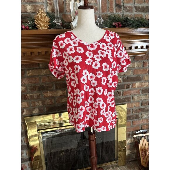Philosophy Tops - Philosophy Red Poppy Floral Blouse Size Large Pima Cotton Short Sleeves